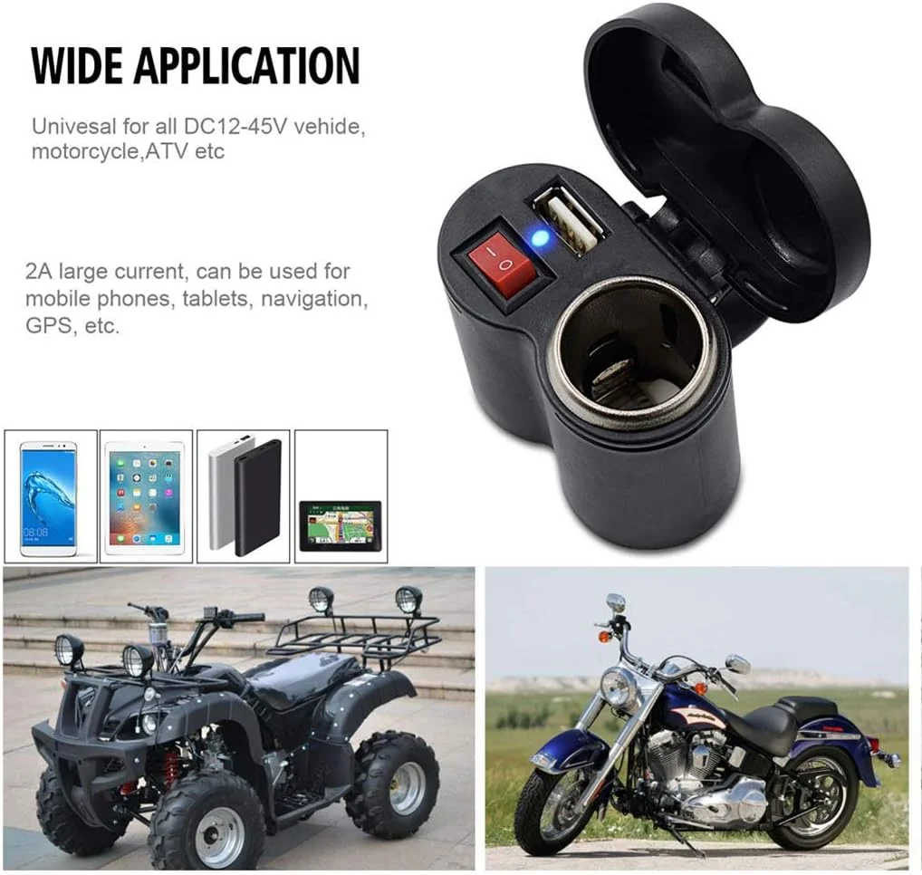 12V Motorcycle Dual USB Charger with Switch, Waterproof Cigarette Lighter Socket, Motorcycle Handlebar Clamp