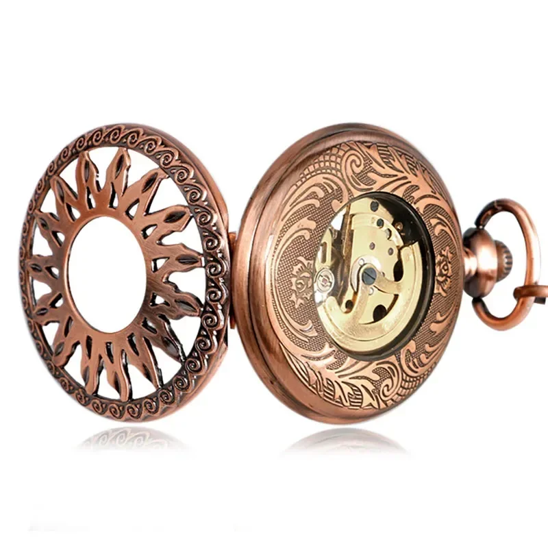 Red Copper Hollow Out Case Unisex Automatic Mechanical Pocket Watch Sunflower Design Roman Number Dial Pendant Chain Clock Gift