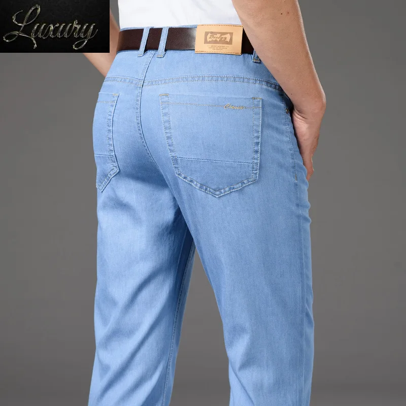 

Men's Jeans Summer Clothing Straight Stretch Denim Pants High Waist Fit Retro Light Blue Lightweight Trousers Male