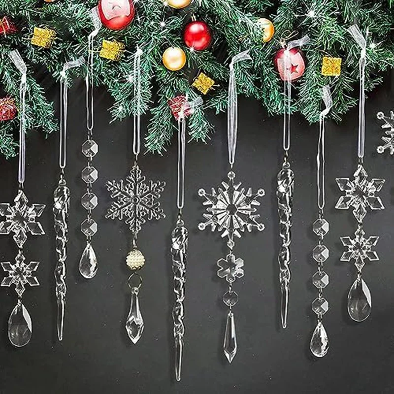 Acrílico Falso-Icicles Decoração De Natal Set, Pingentes De Floco De Neve, Xmas Tree Hanging Ornaments, Fácil de Usar, 10Pcs