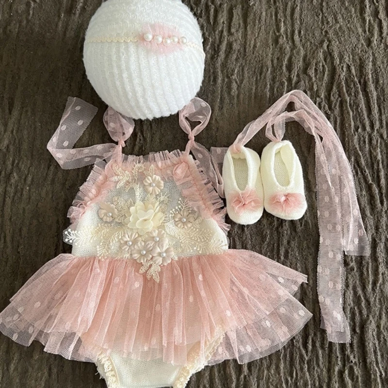 1Set Lace Newborn Photography Props Clothes Princess Baby Girl Dress+Pearl Headband+Shoes Outfit Baby Photo Shooting Accessories