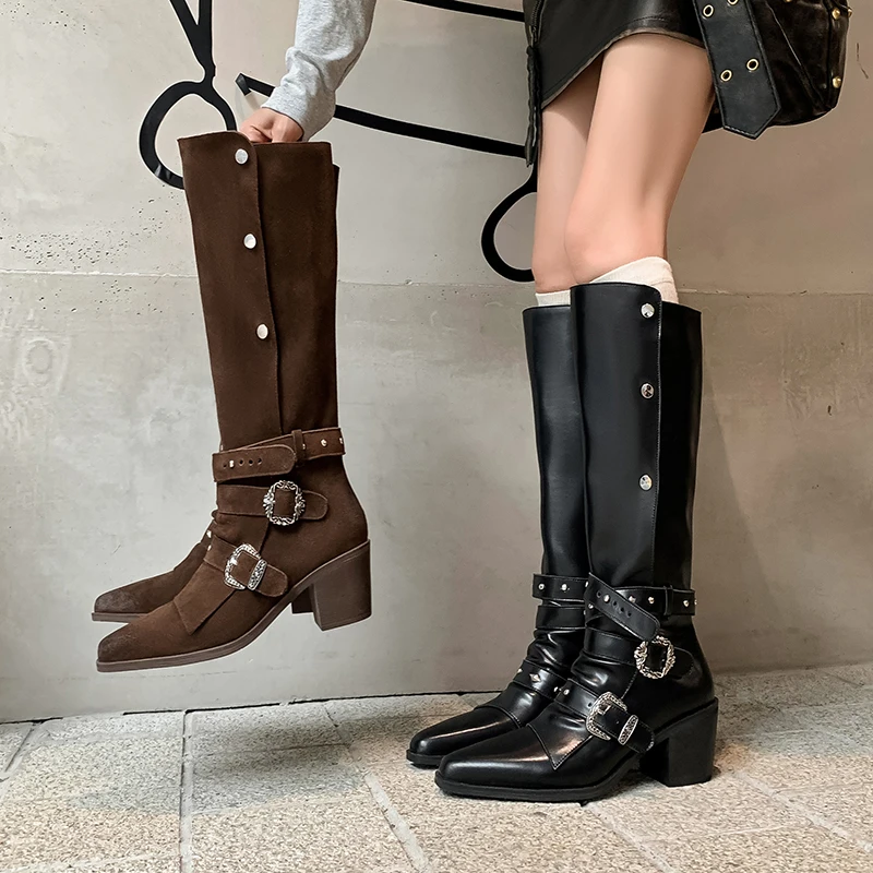 QUTAA 2025 News Western Women Knee High Boots Cowboy Genuine Leather Heels Fashion Woman Winter Cowgirl Long Shoes Size 34-39