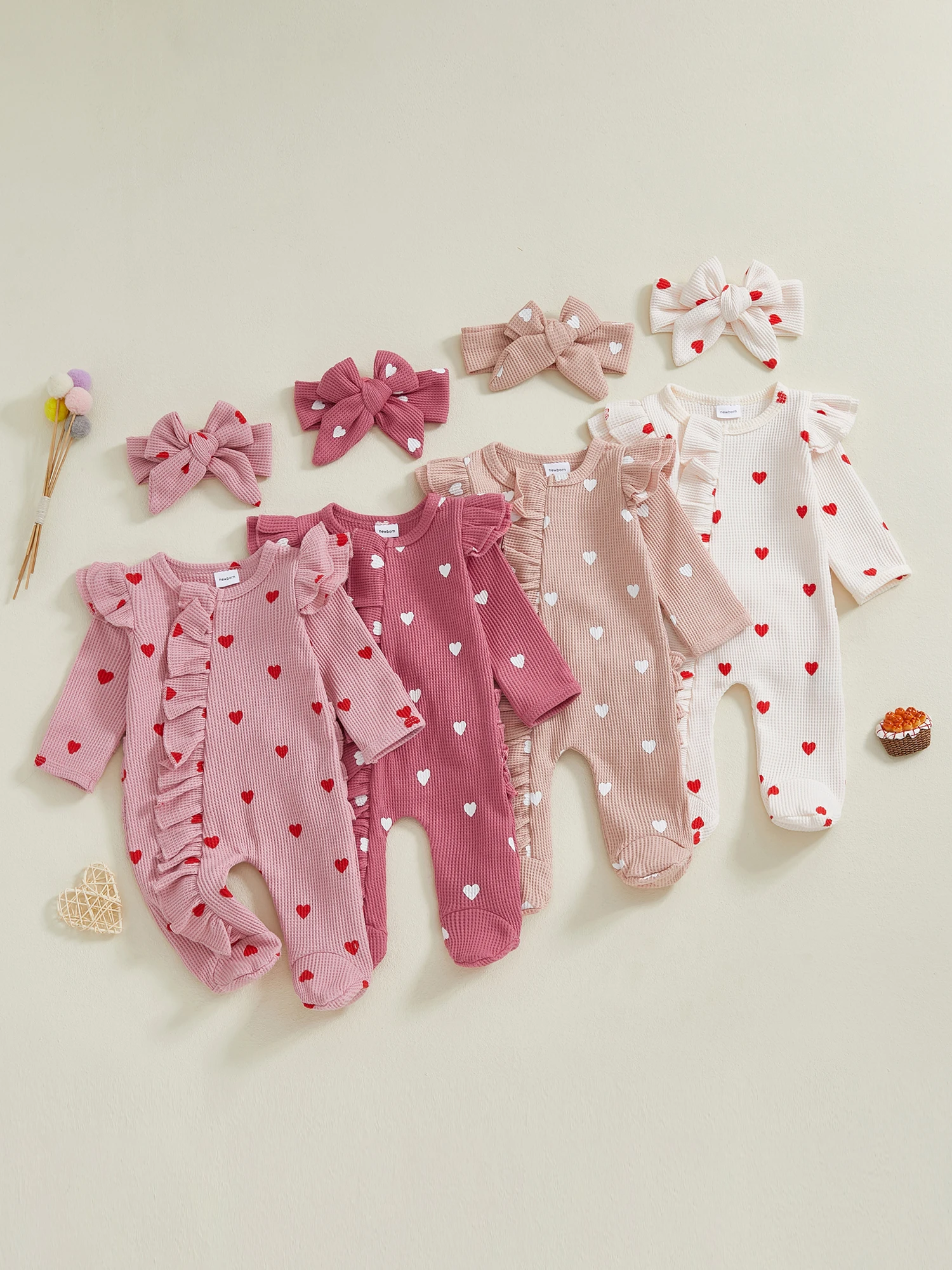 Baby Girl Valentine's Day Outfits Ruffles Love Heart Zip Up Footied Pajamas with Bow Headband 2 Pcs Coming Home Set