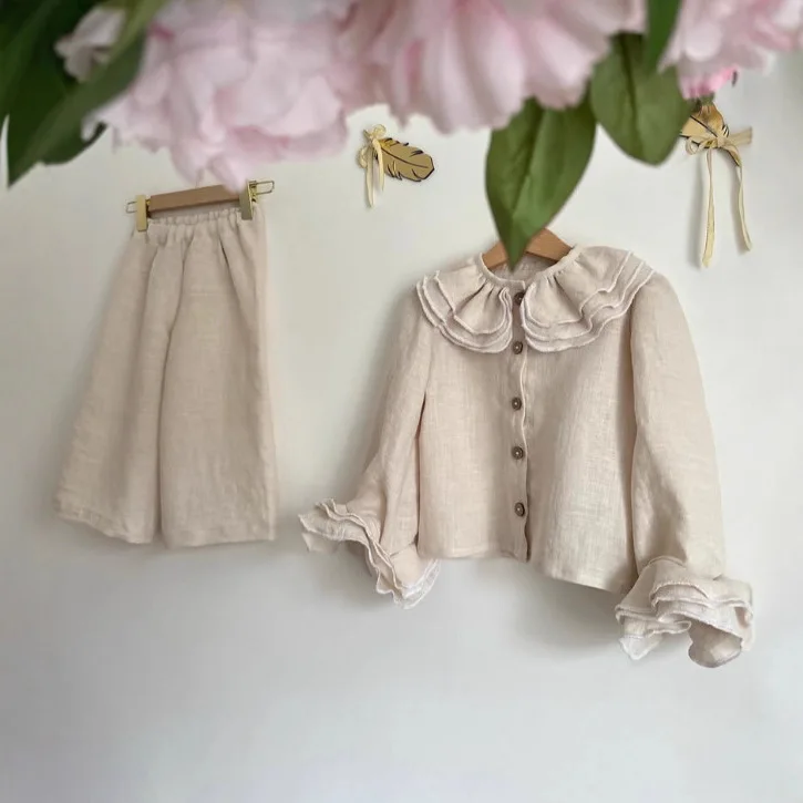 2026 Girls' Spring and Autumn Linen Casual Horn Sleeve Shirt+Wide Leg Pants Children's Two Piece Set