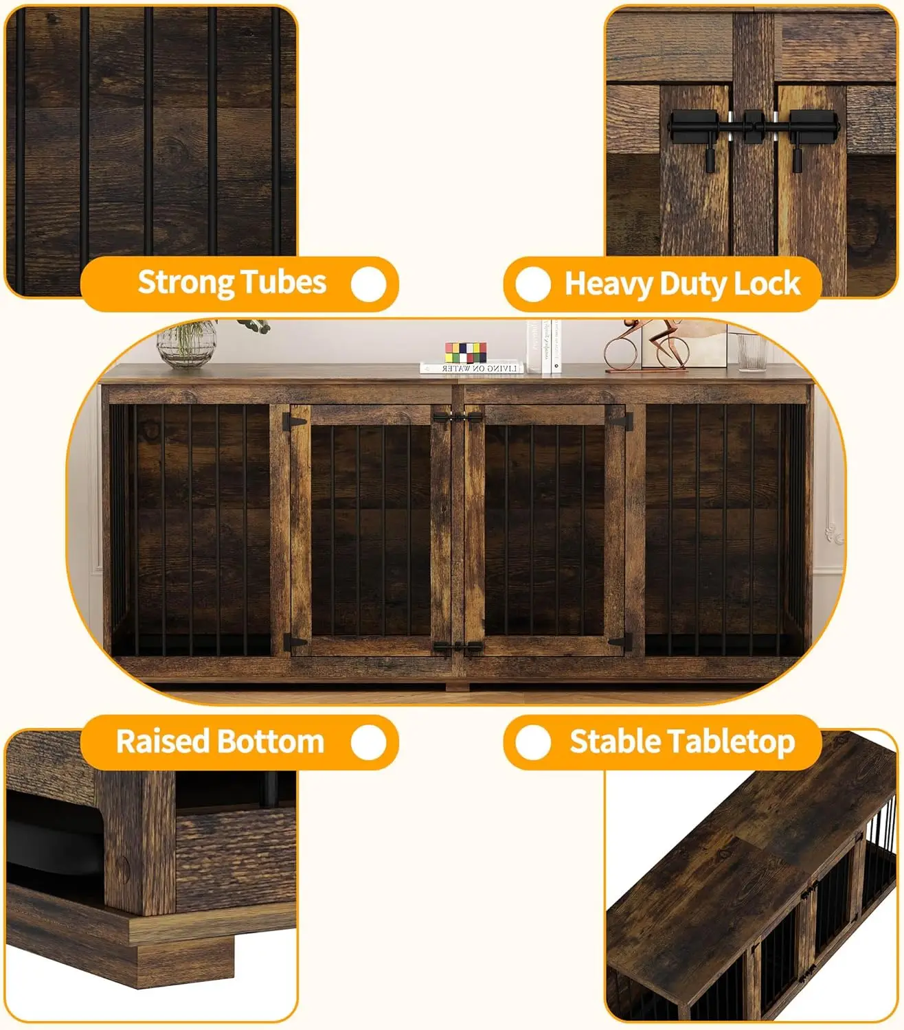 قفص كلب كبير على طراز الأثاث لكلابين، أثاث بيت كلب خشبي مقاس 70 بوصة مع مقسم قابل للإزالة وصواني، شديد التحمل في الأماكن المغلقة