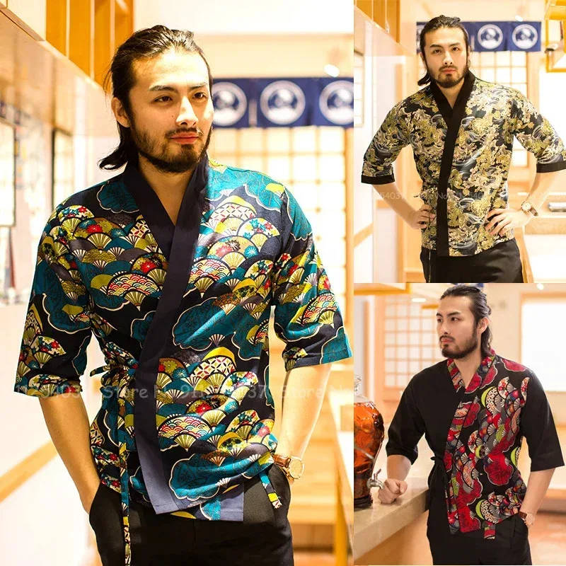 2025 hommes imprimer Kimono Restaurant Sushi Chef travail uniforme hauts manteau Service alimentaire Robe Style japonais cuisine cuisinier vestes Blouse