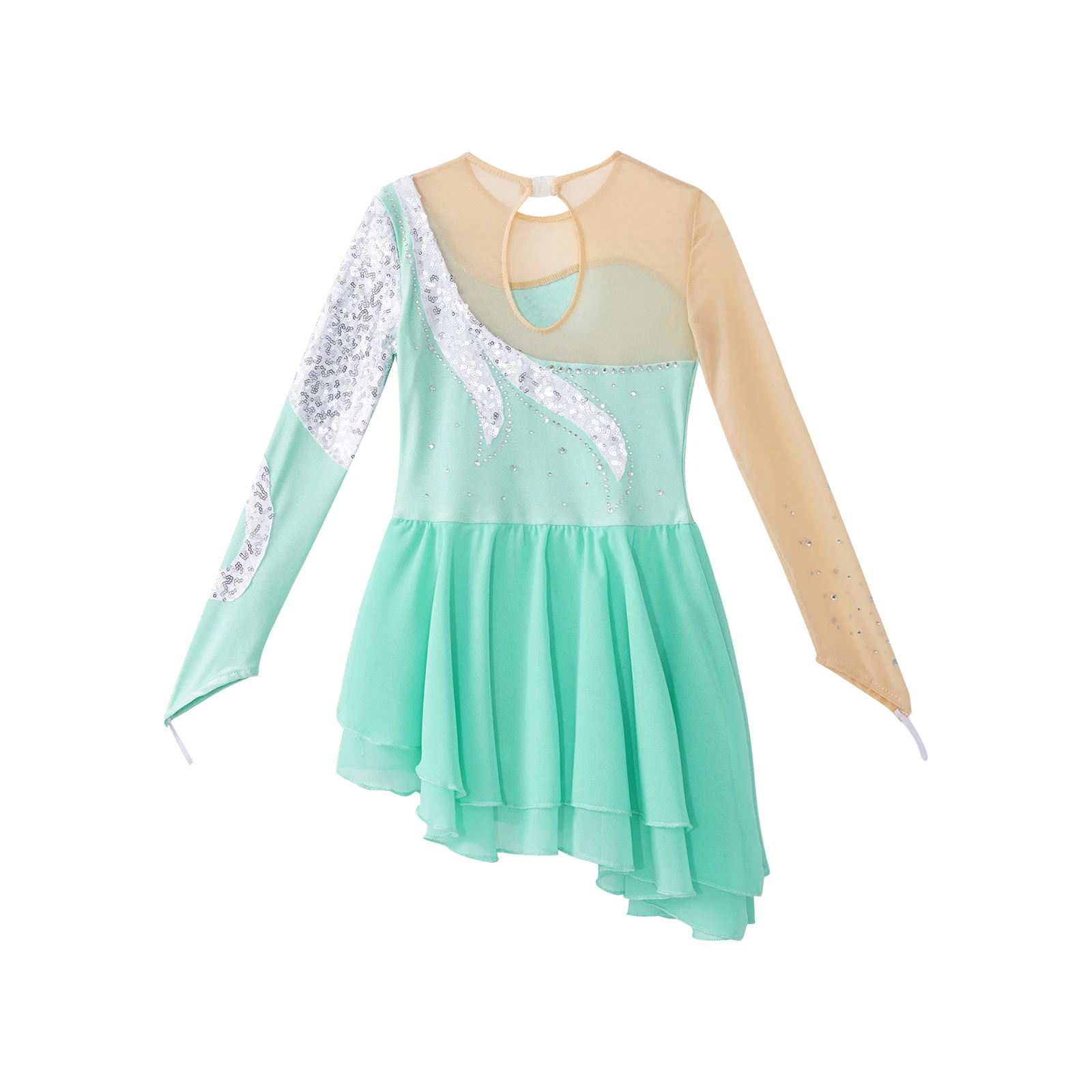 Vestido de patinaje sobre hielo para niñas, tutú de lentejuelas florales de manga larga, vestido de Ballet, leotardos de gimnasia, disfraz de