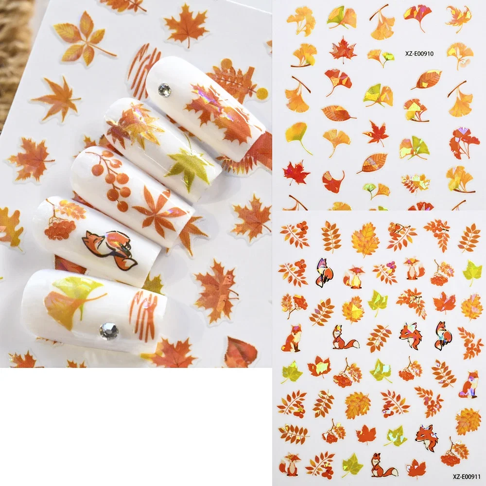 12Pcs Fall Maple Leaf Nail Decals Holographic Laser Maple Leaves Nail Art Sticker Self-Adhesive Thanksgiving Day Nail Decoration