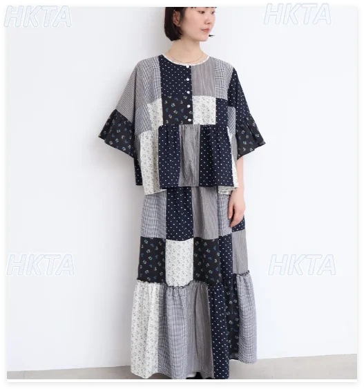 

Original Japanese Exquisite Garden Patchwork Shirt Summer Ruffle Sleeve Color Matching Shirt High Waist Loose Casual Long Skirt