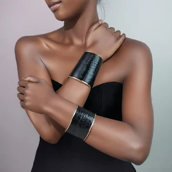 African Punk Leather Cuff Bracelets & Bangles For Women Statement Opened Alloy Long Big Bangle Set Fashion Jewelry Gold Color