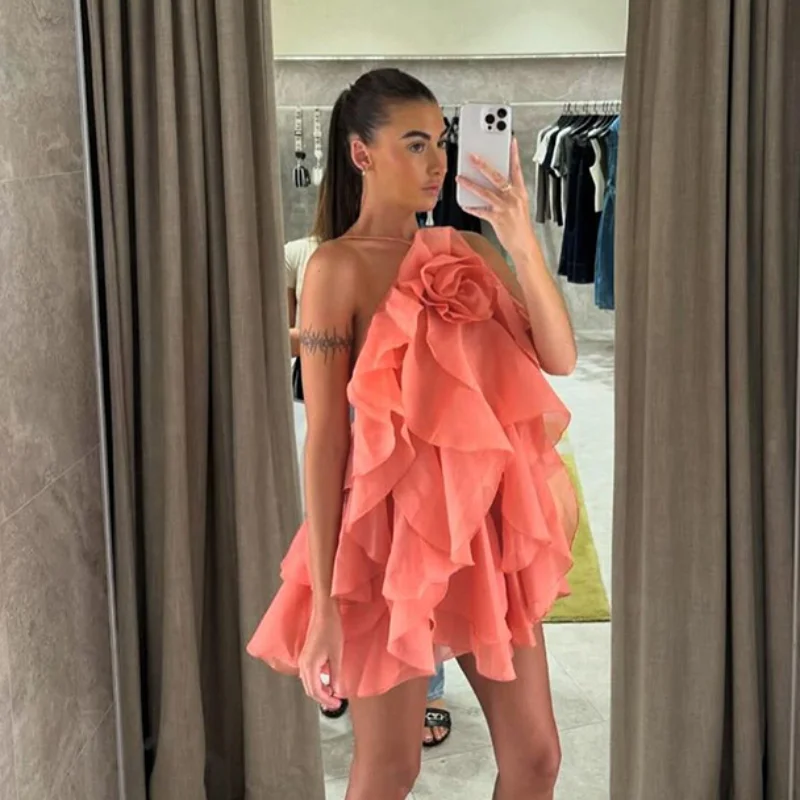 Orange empilé volants dos nu Robe longue femmes licou volant fleur luxueux robes de soirée soirée vacances longue dame Robe