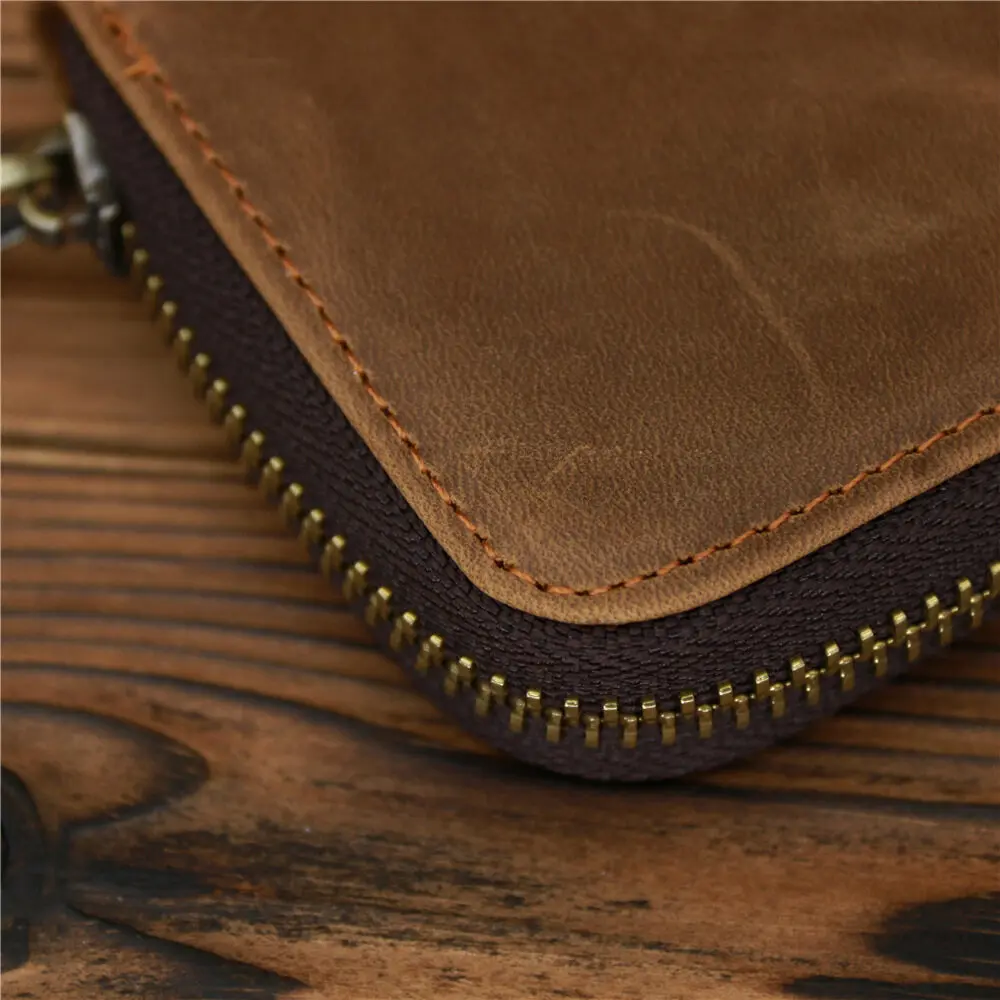 Retro VIP ID Bank Credit Card Holder Zipper Organ Wallet Slim Small Cards Cases Crazy Horse Genuine Leather Mens Card Bag