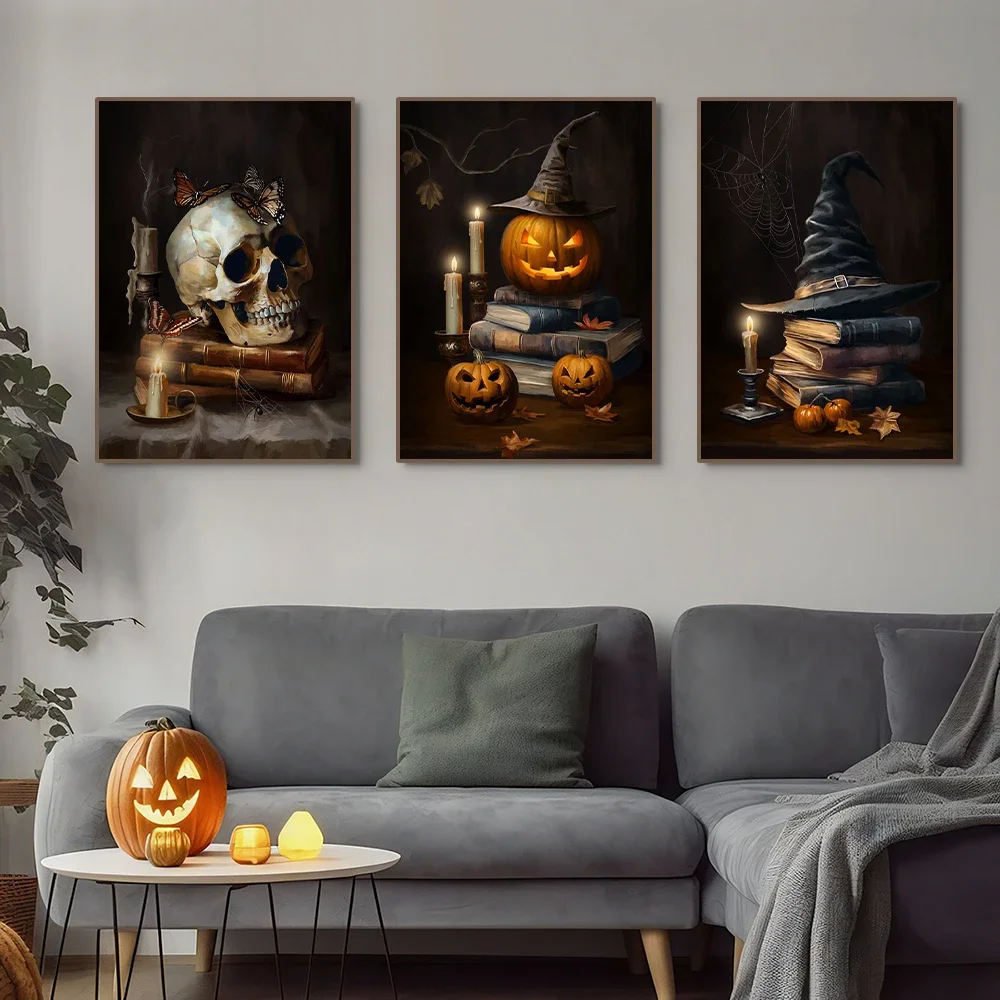 Halloween Dark Castle Skull Witch Pumpkin Head Poster Prints Canvas Printing Vintage Wall Art Picture for Living Room Home Decor