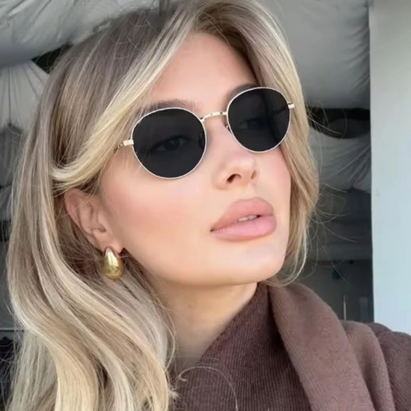2 قطع جديد جولة إطار صغير النظارات الشمسية المعدنية فاسق نمط الأوروبية والأمريكية نظارات شمسية أزياء العلامة التجارية مصمم النساء النظارات #2
