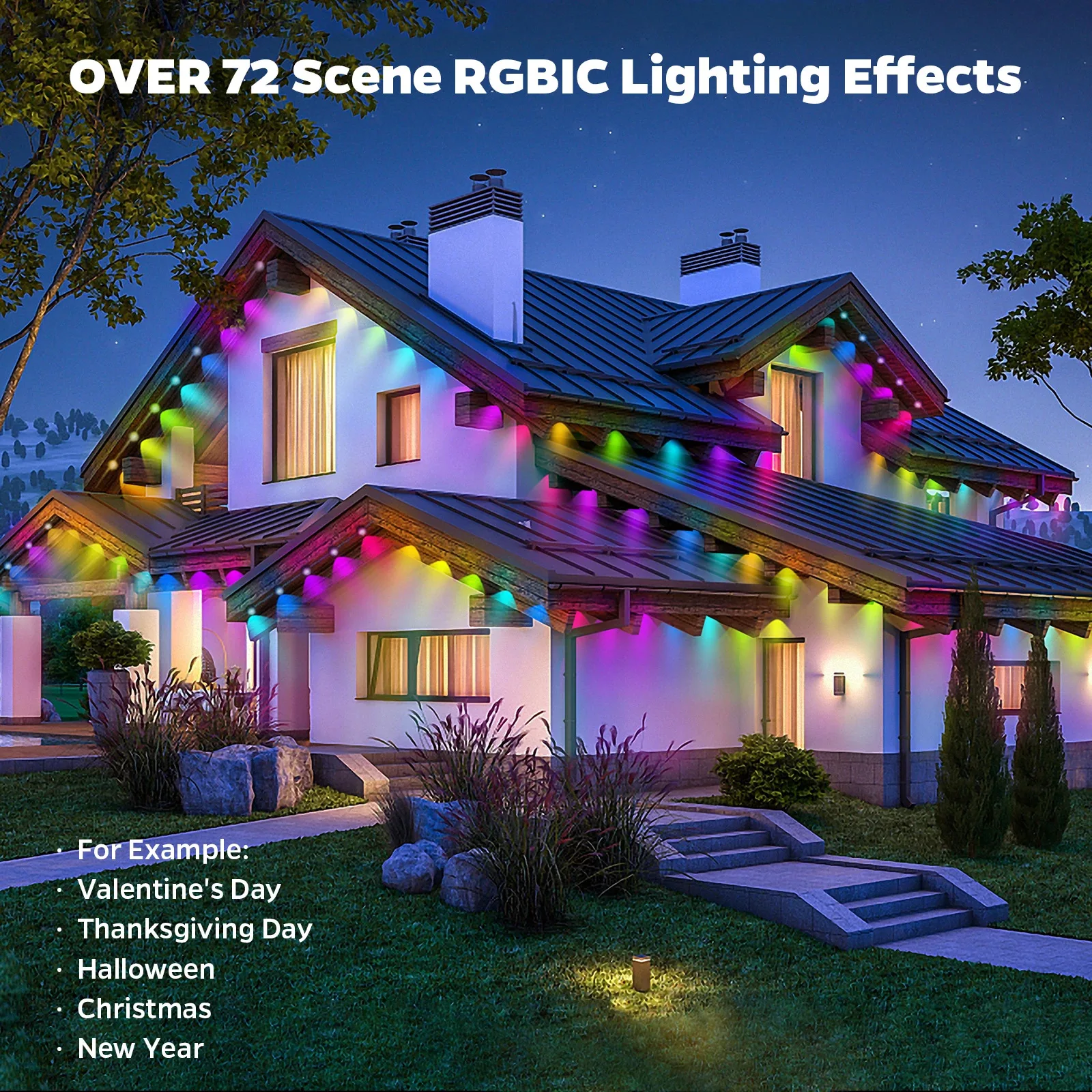 영구 실외 조명 RGB 72 LED 스트링 조명, 원격 및 투야 앱 제어, 방수 LED 처마 휴일 장식 램프, 100FT