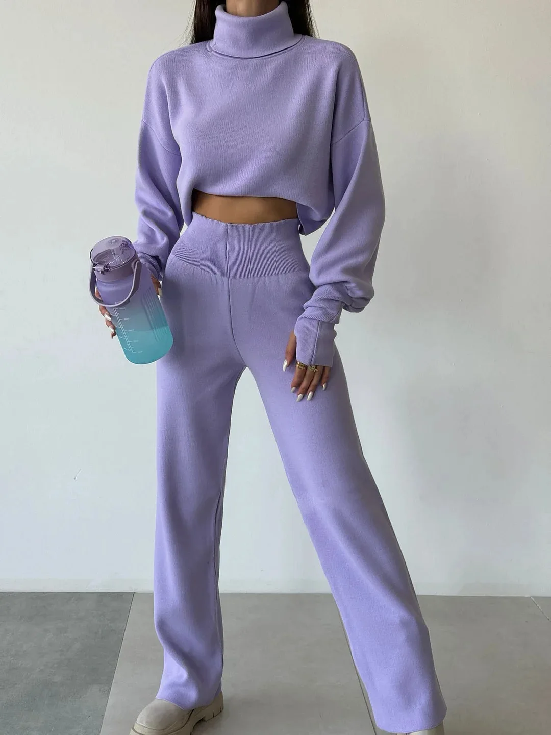 

Casual Sports Style 2 Piece Set Loose Solid Color Turtleneck Lantern Sleeve Sweater High Waist Trousers Knitted Suit For Women