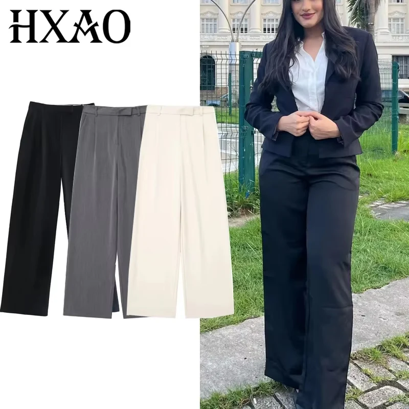 

HXAO черные широкие брюки для женщин, мешковатые брюки с высокой талией, женские офисные плиссированные официальные брюки, минималистичный летний костюм, брюки