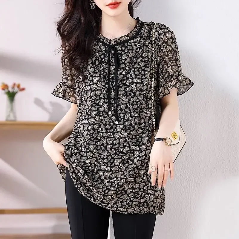 

Women's Mid-length Short-sleeved Chiffon Shirt Summer Loose Middle-aged and Elderly Mothers Look Slim and Fashionable Tops XQ760