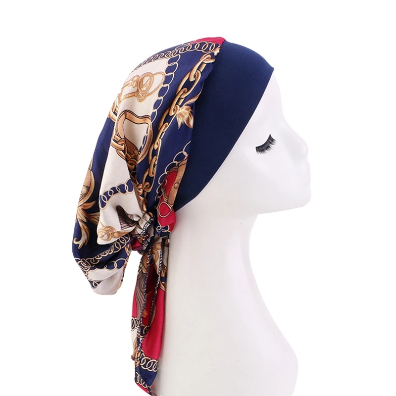 Muslim Hijab Turban Pre-Tied Hat Women Printed Long Tail Bonnet Chemo Cap Hair Loss Head Scarf Wrap Beanies Turbante Mujer