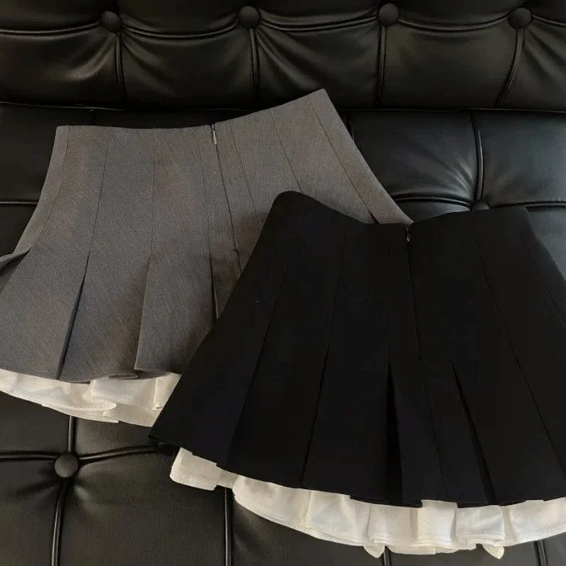 Y2K Women Black Gray Vintage Korean Japanese Ruffles Mini Pleated Skirts Kawaii Aesthetic High Waist A-line Skirt Alt Clothes