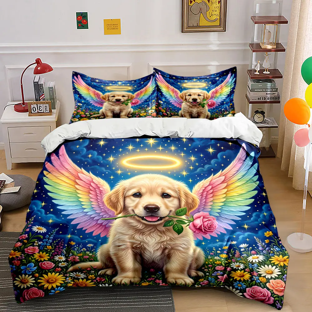 Angelic rainbow-winged dog with rose Printed Duvet Cover Set 1 Duvet Cover+2 Pillowcase Multi Size Bedroom Bedding Decoration
