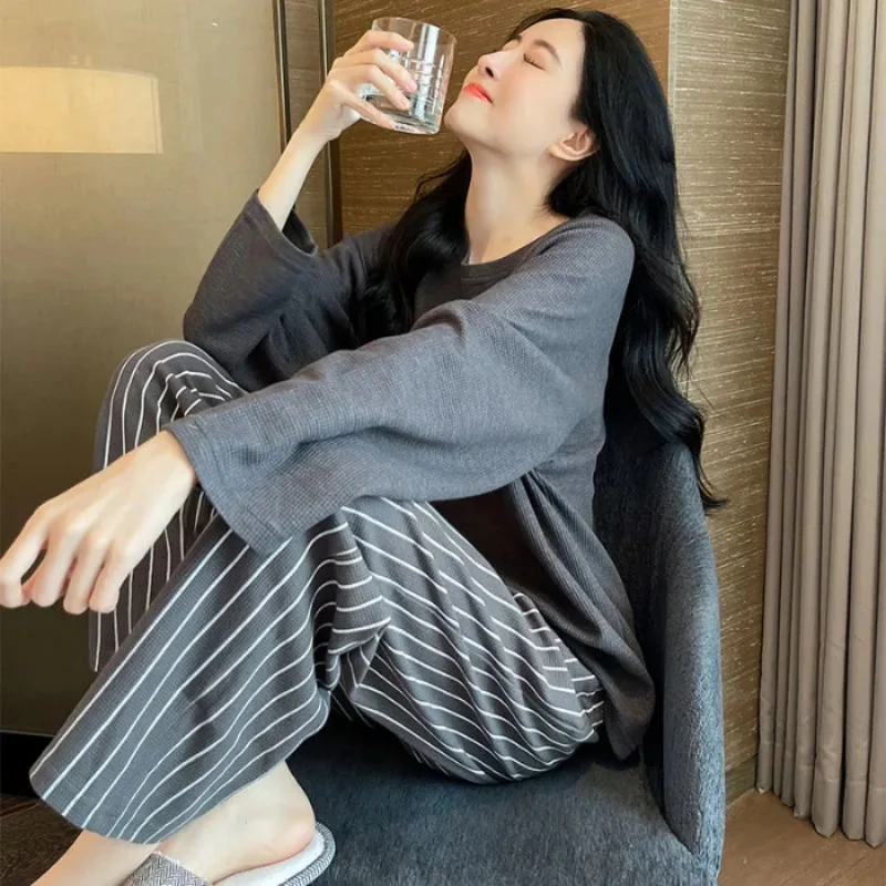 2 pz/set donne di grandi dimensioni con pettorali pigiama primavera autunno e inverno a maniche lunghe auricolare allentato homewear può essere indossato all'esterno