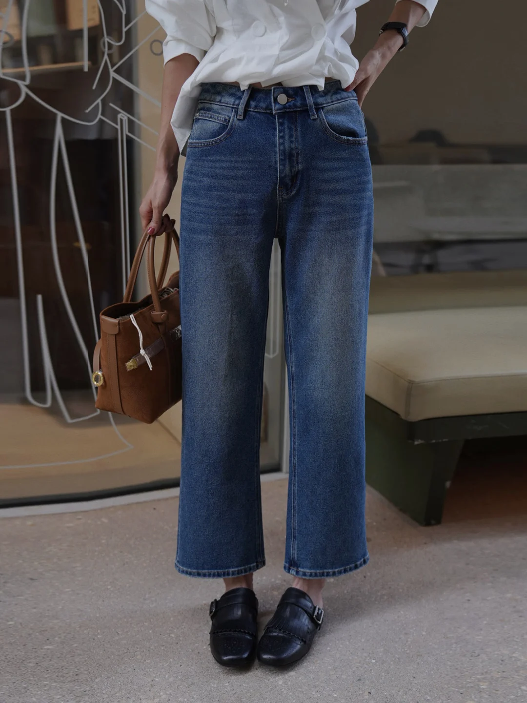 

Джинсы с высокой талией в стиле ретро, прямые, универсальные, стройнящие, для невысоких женщин, осенние, новые, в корейском стиле, из хлопка