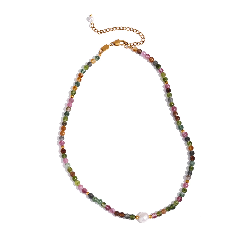 Yhpup Mehrfarbige natürliche Turmalin Stein Perle Halbedelstein Perlen Luxus Damen Halskette handgemachte Edelstahl Schmuck Geschenk – Detail 8