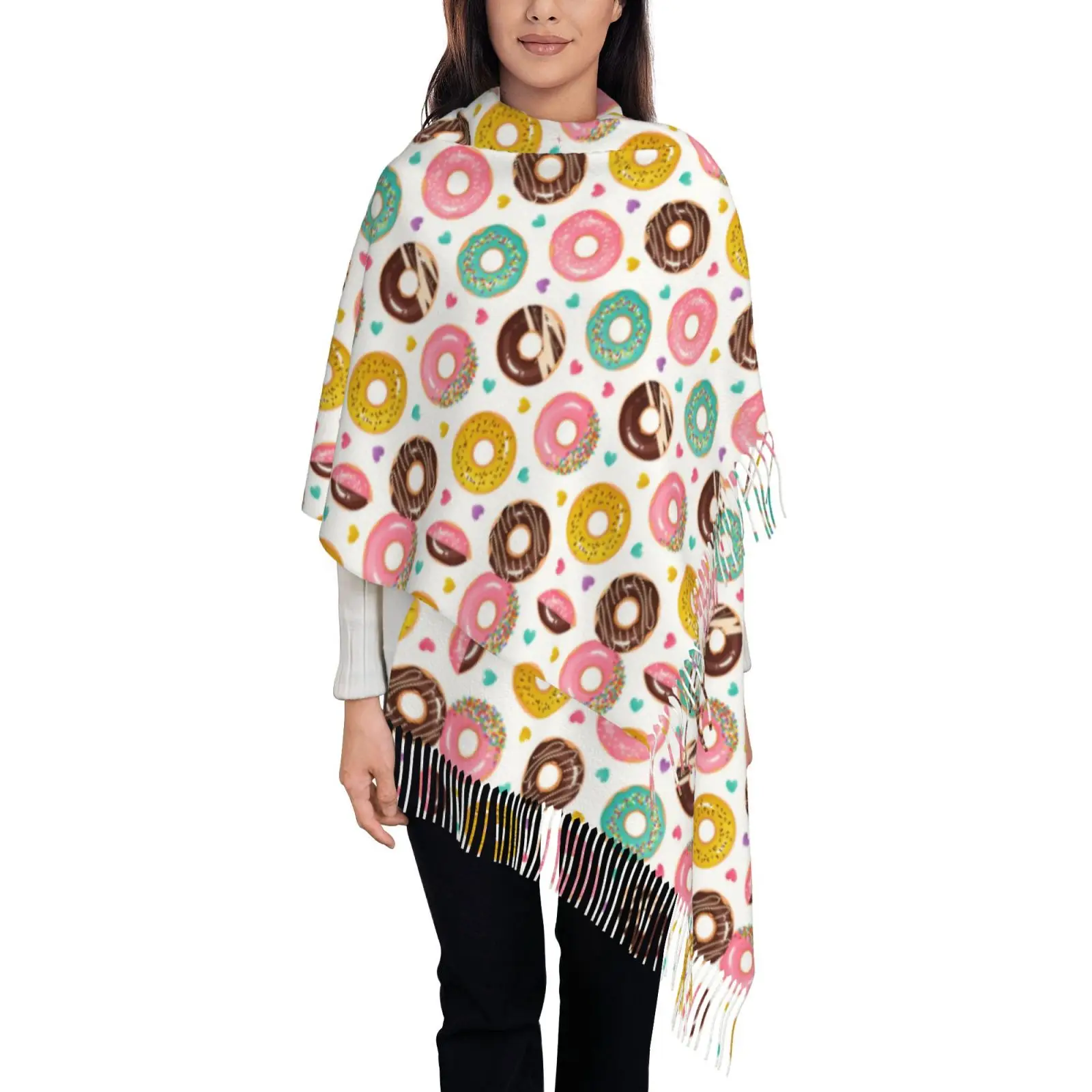

Custom Full Donut Pattern Scarf Tassel Scarves for Women Soft Warm Wraps Long Fall Winter Shawl Wrap