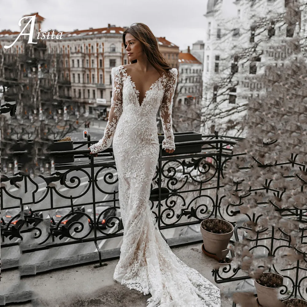 Sexy Backless Long Mermaid Wedding Dresses Vestido Sexy Sweep Train Bridal Dress Long Sleeves with Lace Applique Bride Robe