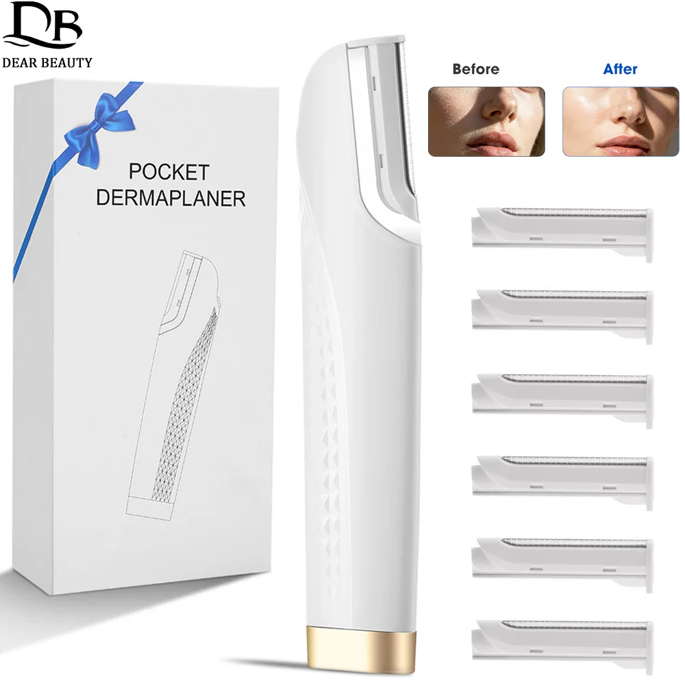 Sonic Dermaplaning Razor Woman Facial Exfoliation Hair & Fuzz Remover Beard And Eyebrow Trimmer With Light & 6 Replacement Blade