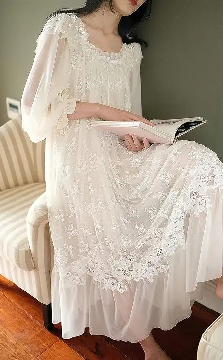 2024 Night Dress Women\'s Vintage Lace Collar Sexy Sleepwear Victorian Nightgown Palace Sweet Princess Dress Summer Sleep Dress