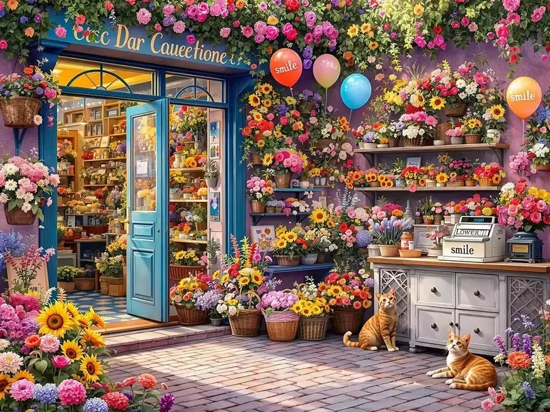 

Flower Shop with Cat 500/1000/1200/2000 PCS Jigsaw Puzzles Family Activity Games for Gameroom Bedroom Gifts Home Decor