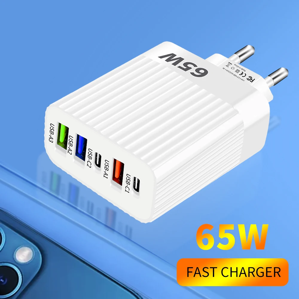 PD 65 واط منافذ متعددة شحن سريع شاحن USB نوع C الاتحاد الأوروبي/الولايات المتحدة التوصيل محول الطاقة المحمولة 5 في 1 شاحن سريع الجدار نوع C #1