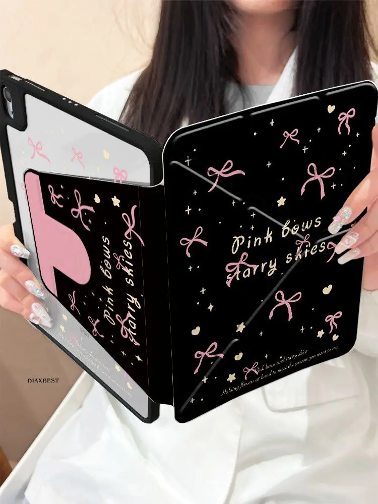 

Korean Black Bow Case For iPad Pro 11 13in 2025 iPad Pro 12.9in Air7 10th 11th M4 M5 Y-Shaped Folding Rotate Protective Cover