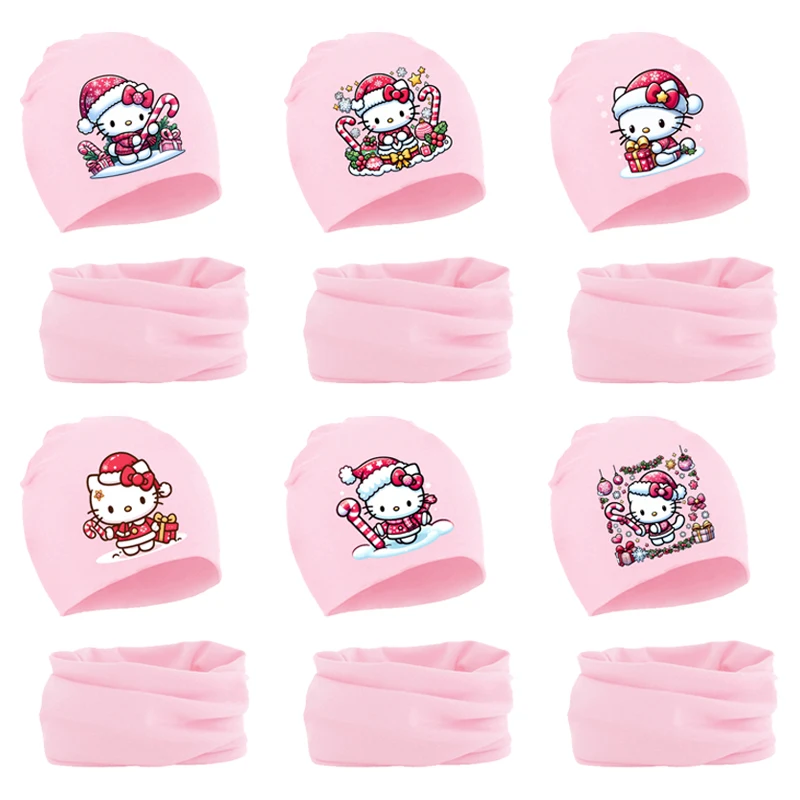 

Sanrio Hello Kitty Hat and Scarf Set Cartoon Christmas KT Cat Print Knitted Cap Scarfs Kawaii Winter Casual Warm Two Piece Suit