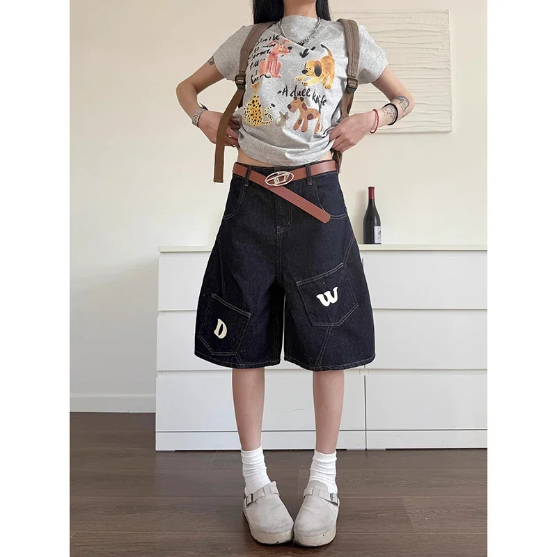 

Streetwear American Retro 2000s Oversize Washed Denim Short Pants 2025 Summer Y2k Hip Hop Baggy Wide Leg Cargo Jeans