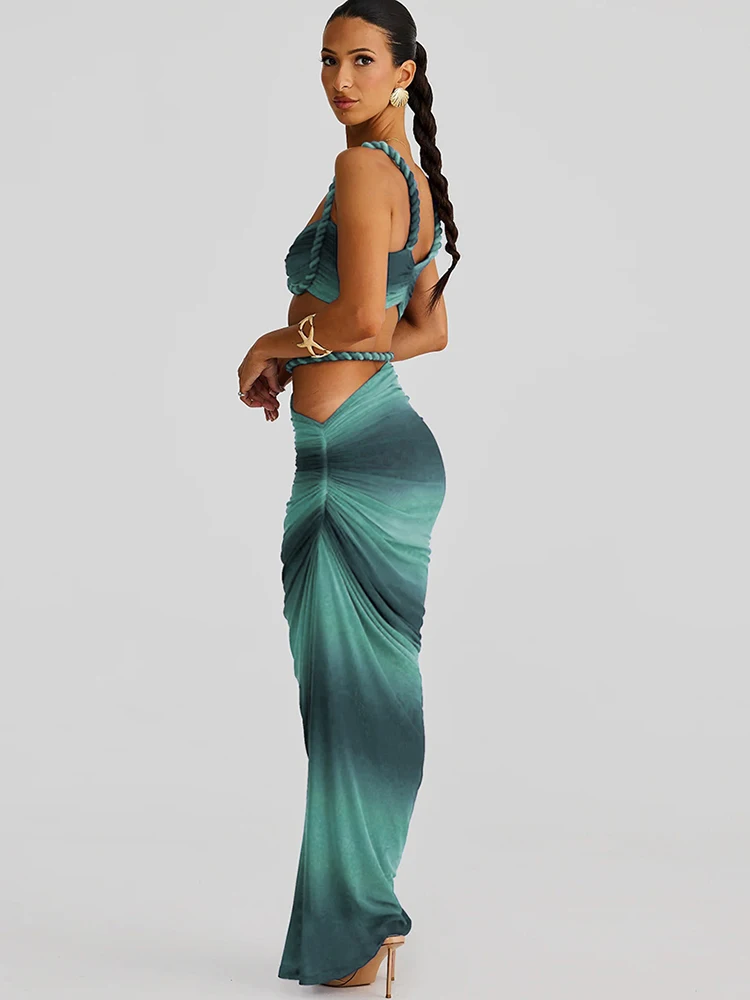 

Kliou Tie Dye Уникальный женский комплект из 2 предметов Летний тканый лоскутный летний мини-майка + макси-юбки с разрезом на талии Mujer Праздничная одежда