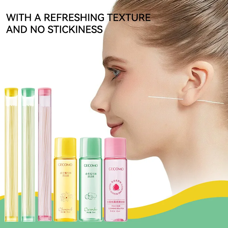 Gecomo Juego de soluciones para limpieza de oídos con manzanilla de 15 ml, incluye 60 hilos finos, evita el bloqueo, elimina el olor, limpia profundamente la suciedad, herramienta suave para el cuidado de los oídos, esencial para el cuidado diario después del piercing de las orejas, imprescindible para principiantes.