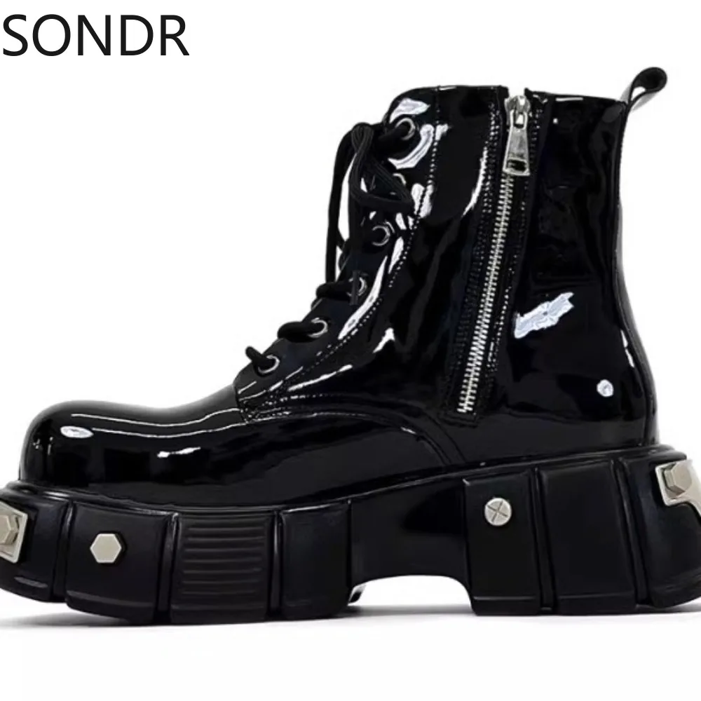 

Mens Metal Round Toe Ankle Boots Lace Up Platform Chunky High Heel Chelsea Punk Zipper Motorcycle Patent Leather Shoes New