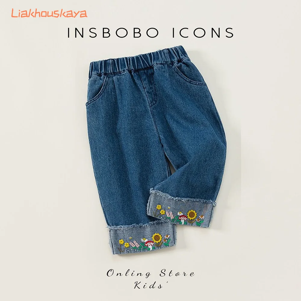 80-130cm Sunflower Ambroidered Flower Girls Denim Jeans Baby Kids Jeans Girl Pants Bottoms Daduhey Wide Leg Pants Harem Trousers