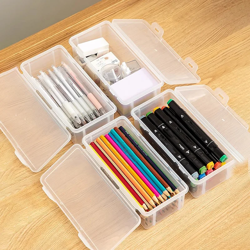 Plastic Transparent Pencil Case Stationery Box Large Capacity Stackable Design Sketch Art Student Simple Pencil Box for School