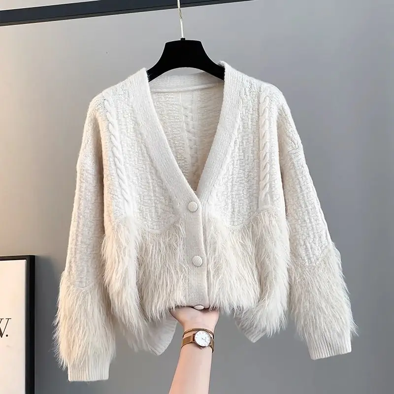 2024 Autumn Winter Sweet Cute Handmade Tassel Sweater Women Loose V-Neck Casual Short Knit Cardigan Jacket Female Coat