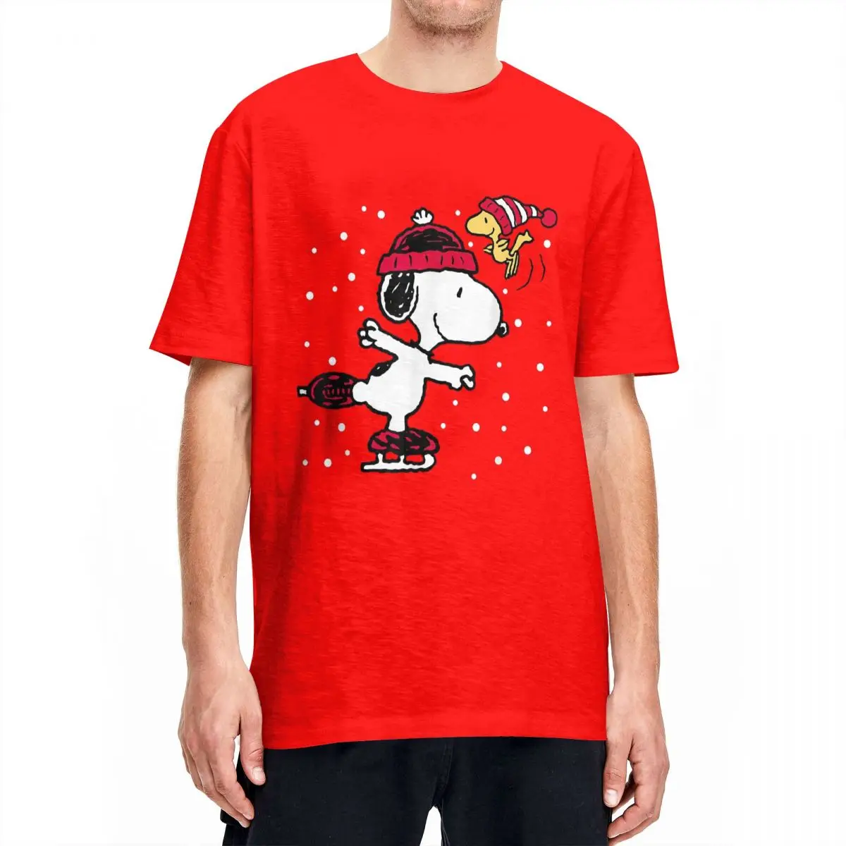 Men T-Shirts Peanuts Snoopy And Woodstock Skate Holiday Vintage Pure Cotton Tee Shirt Short Sleeve T Shirt O Neck Tops Plus Size