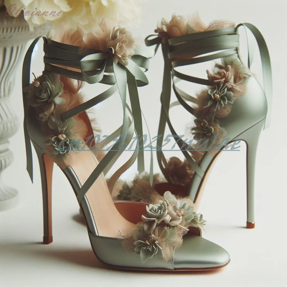 Eleganti fiori verdi design sandali cavi con cinturino punta aperta stiletto tacco alto sexy 2025 scarpe estive da donna Zapatos Para Mujere