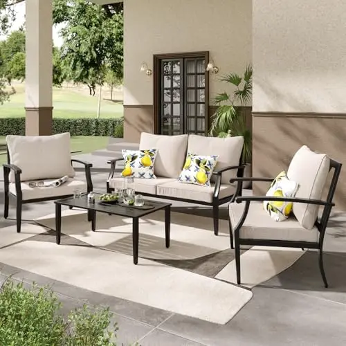 

4 Pieces Patio Furniture Set w/loveseat,Coffe Table,Outdoor Conversation Metal Sofa with High Back and Thick