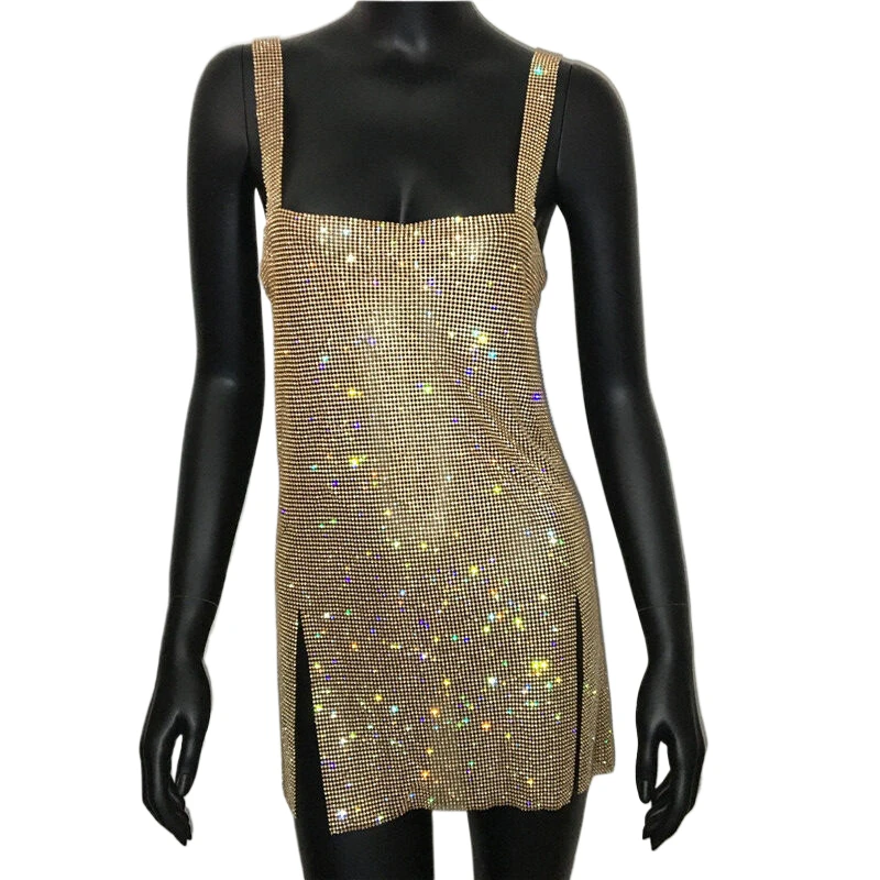 Glitzerndes Strass-Mesh-Minikleid für Damen – Sexy, geschlitztes, ärmelloses, rückenfreies Bodycon-Kleid für Club, Party und Abend – Neu 2026 – Bodycon-Nachtkleid – Detail 5