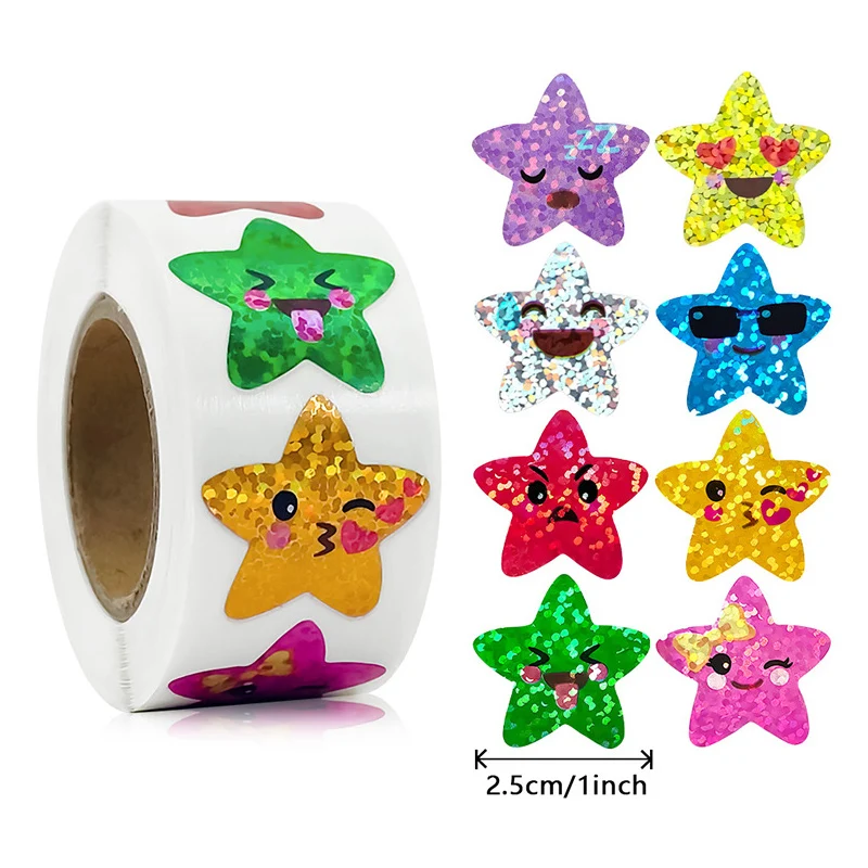 500/1000pcs Colorful Star Adhesive Holographic Star Stickers Zoo Farm Scrapbook Sticker Roll Labels  For Kids DIY Gift Toys