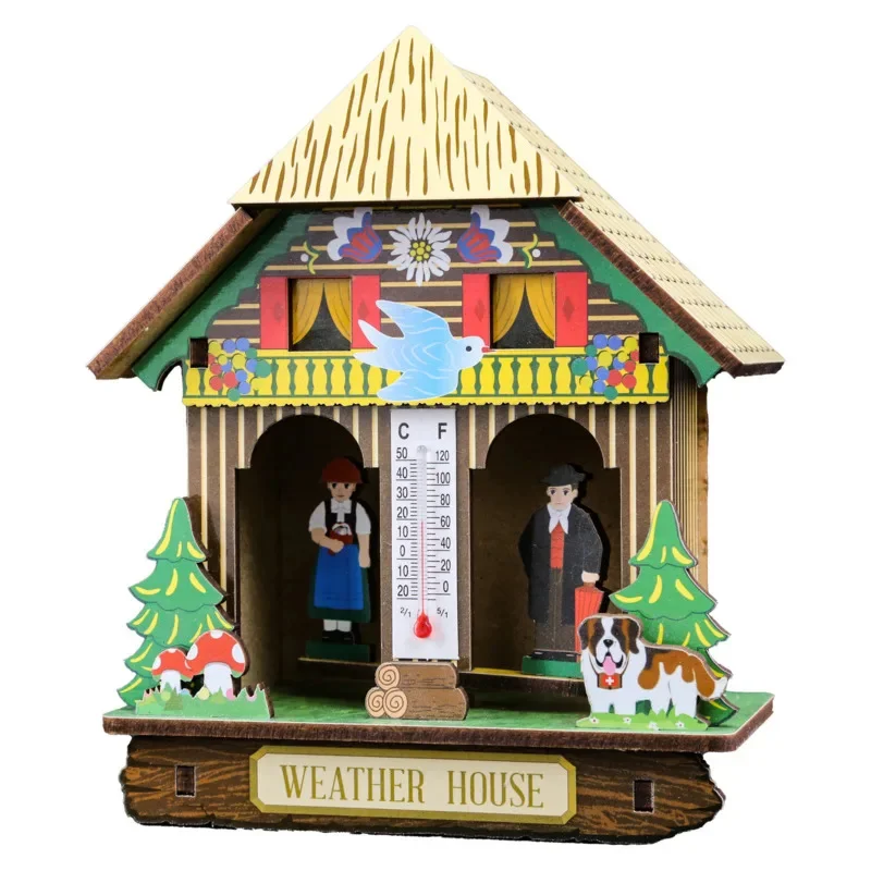 Weather House Wall Thermometer Hygrometer Cuckoo Clock Style Wooden Chalet Temperature Humidity Gauge Home Decor