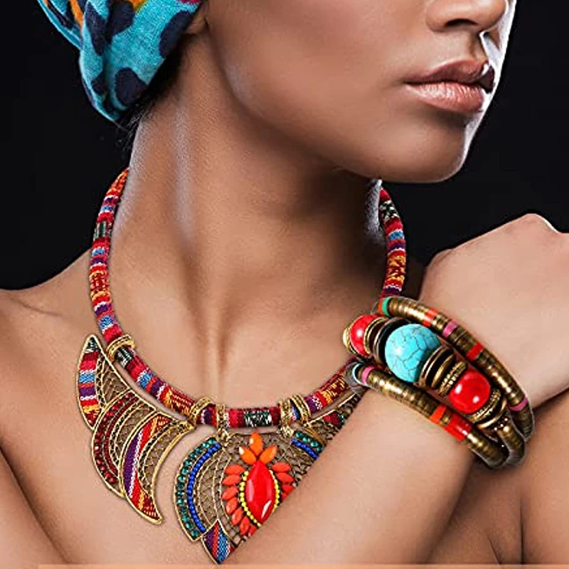 

African Tribes Necklace Bracelet Set Chunky Colorful Collar Necklaces Wedding Holiday Travel Leisure Bohemian Wristband Jewelry